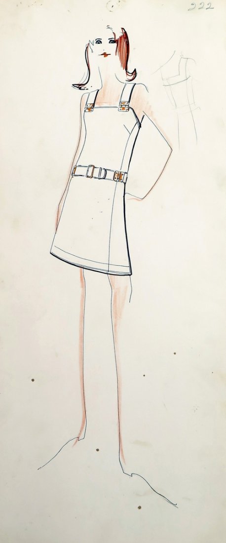 Original Fashion Drawing; Tiziani + Lagerfeld + Liz: Country of Origin & Materials: card stock Additional Information & Circa: Original fashion design sketch from storage box labeled "Karl Lagerfeld"; Tiziani Archives. Estate of Tiziani | Estate of Raf 