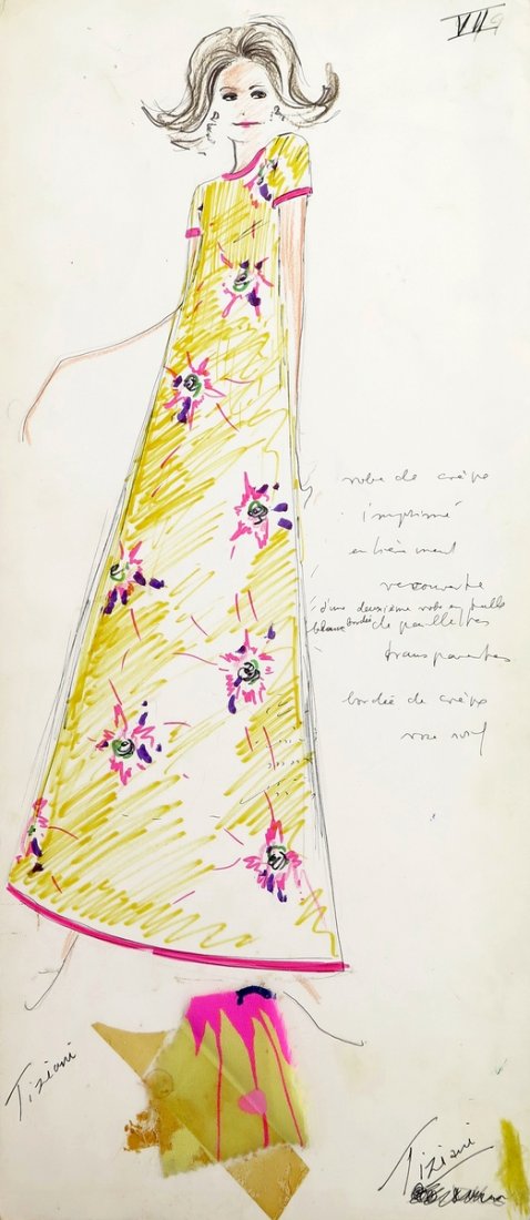 Original Fashion Drawing; Tiziani + Lagerfeld + Liz: Markings: marked Tiziani Country of Origin & Materials: card stock, fabric sample Additional Information & Circa: Original fashion design sketch, marked Tiziani, from storage box labeled "Karl Lagerfe