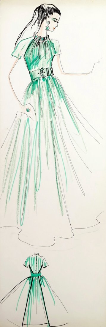 Original Fashion Drawing; Tiziani + Lagerfeld + Liz: Country of Origin & Materials: card stock Additional Information & Circa: Original fashion design sketch from storage box labeled "Karl Lagerfeld"; Tiziani Archives. Estate of Tiziani | Estate of Raf 