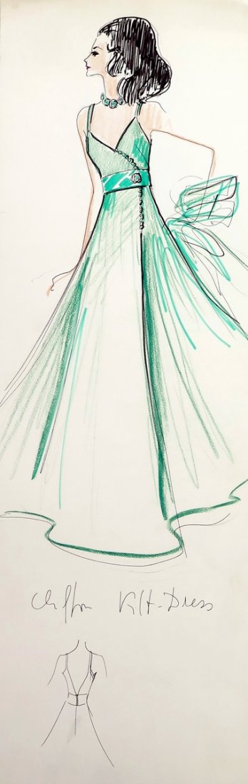 Original Fashion Drawing; Tiziani + Lagerfeld + Liz: Country of Origin & Materials: card stock Additional Information & Circa: Original fashion design sketch from storage box labeled "Karl Lagerfeld"; Tiziani Archives. Estate of Tiziani | Estate of Raf 