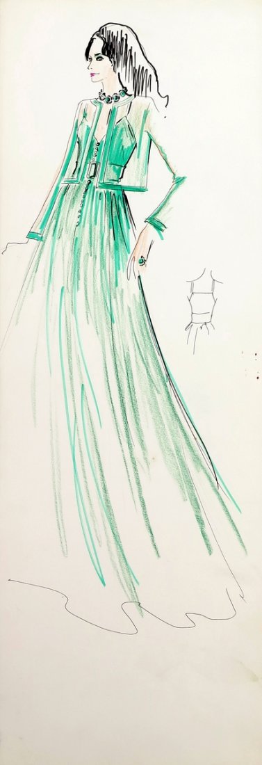 Original Fashion Drawing; Tiziani + Lagerfeld + Liz: Country of Origin & Materials: card stock Additional Information & Circa: Original fashion design sketch from storage box labeled "Karl Lagerfeld"; Tiziani Archives. Estate of Tiziani | Estate of Raf 