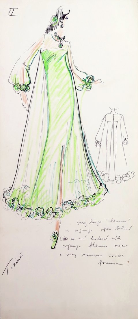 Original Fashion Drawing; Tiziani + Lagerfeld + Liz: Markings: marked Tiziani Country of Origin & Materials: card stock Additional Information & Circa: Original fashion design sketch, marked Tiziani, from storage box labeled "Karl Lagerfeld"; Tiziani Ar