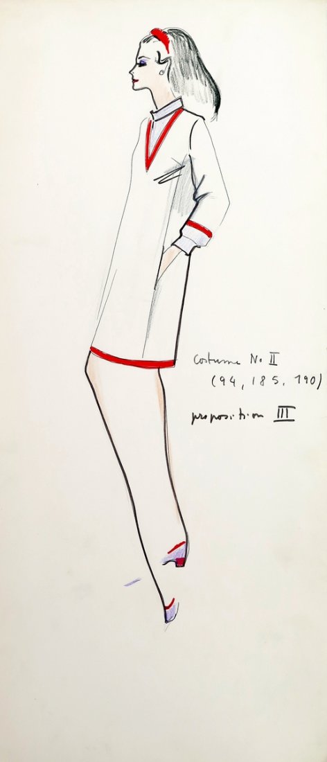 Original Fashion Drawing; Tiziani + Lagerfeld + Liz: Country of Origin & Materials: card stock Additional Information & Circa: Original fashion design sketch from storage box labeled "Karl Lagerfeld"; Tiziani Archives. Estate of Tiziani | Estate of Raf 