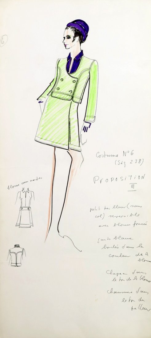 Original Fashion Drawing; Tiziani + Lagerfeld + Liz: Country of Origin & Materials: card stock Additional Information & Circa: Original fashion design sketch from storage box labeled "Karl Lagerfeld"; Tiziani Archives. Estate of Tiziani | Estate of Raf 