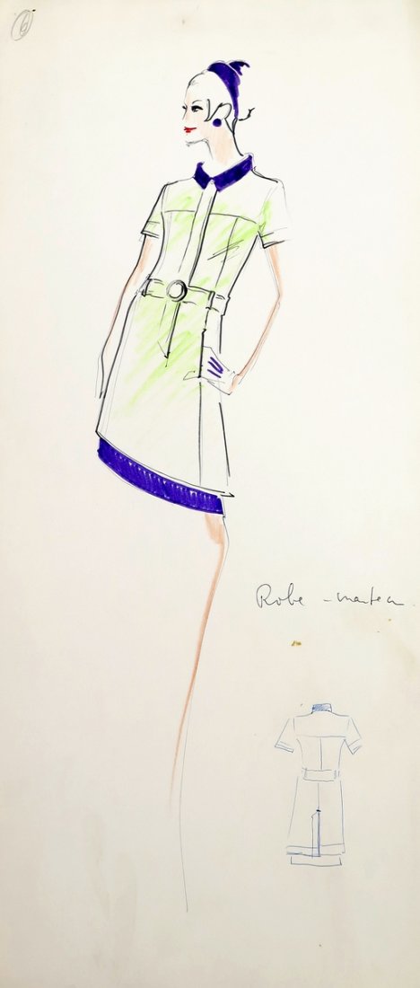 Original Fashion Drawing; Tiziani + Lagerfeld + Liz: Country of Origin & Materials: card stock Additional Information & Circa: Original fashion design sketch from storage box labeled "Karl Lagerfeld"; Tiziani Archives. Estate of Tiziani | Estate of Raf 
