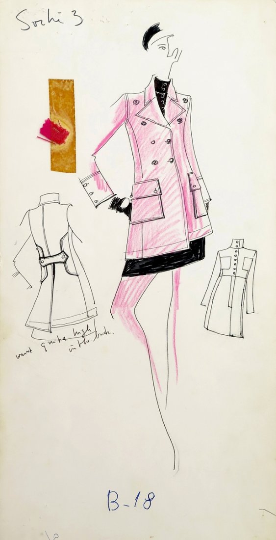 Original Fashion Drawing; Tiziani + Lagerfeld + Liz: Country of Origin & Materials: card stock, fabric sample Additional Information & Circa: Original fashion design sketch from storage box labeled "Karl Lagerfeld"; Tiziani Archives. Estate of Tiziani |
