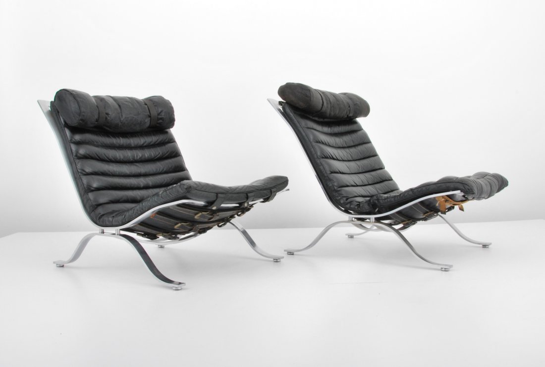 Pair of Arne Norell Leather Lounge Chairs: Designer & Manufacturer: Arne Norell; Norell Markings: none Country of Origin & Materials: Sweden; leather, chrome-plated steel Additional Information & Circa: Pair of "Ari" leather lounge chairs by A