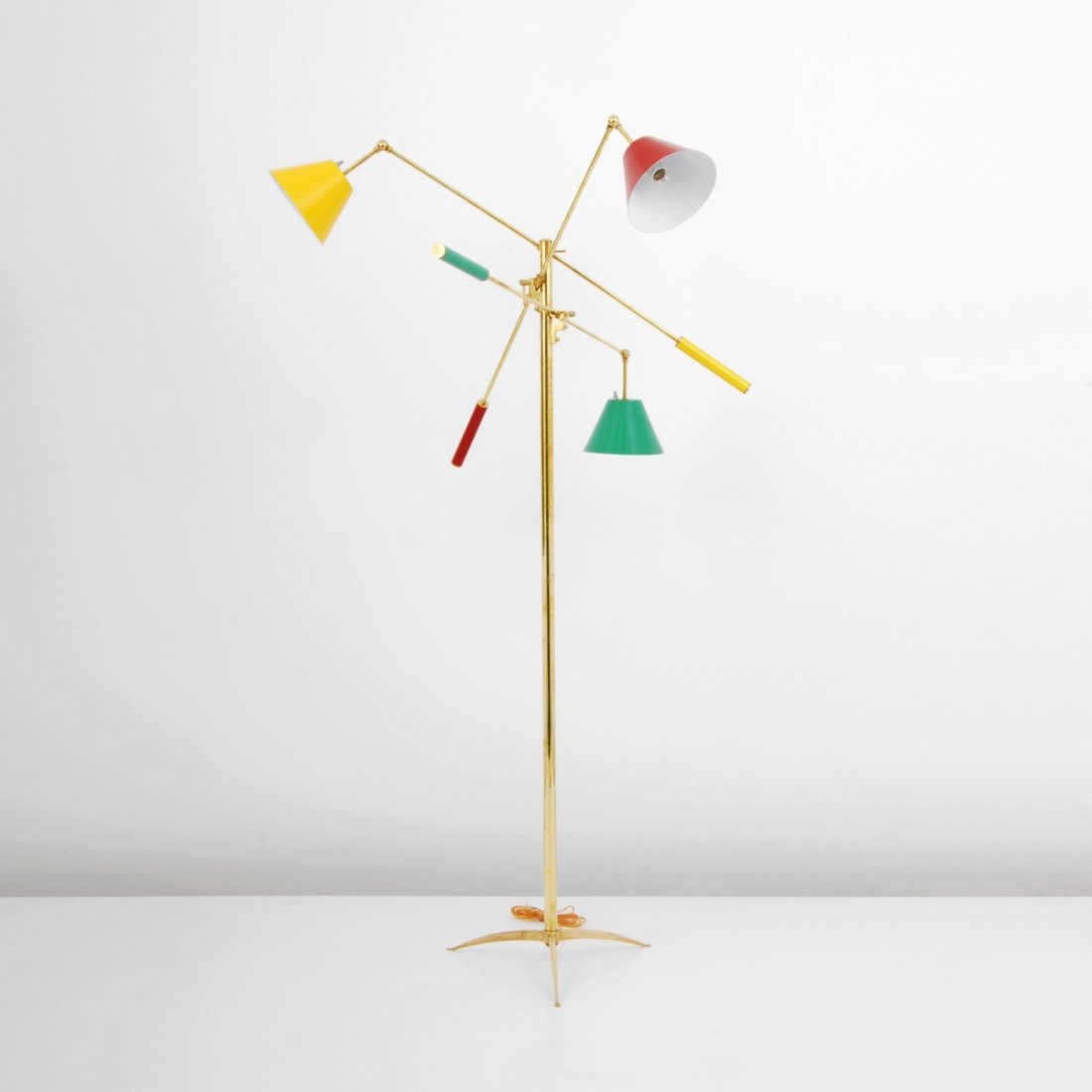 "Triennale" Floor Lamp, Attributed to Gino Sarfatti: Designer & Manufacturer: Gino Sarfatti, Attributed to; Arredoluce Markings: none Country of Origin & Materials: Italy; brass, enameled metal Additional Information & Circa: "Triennale" floor lamp with