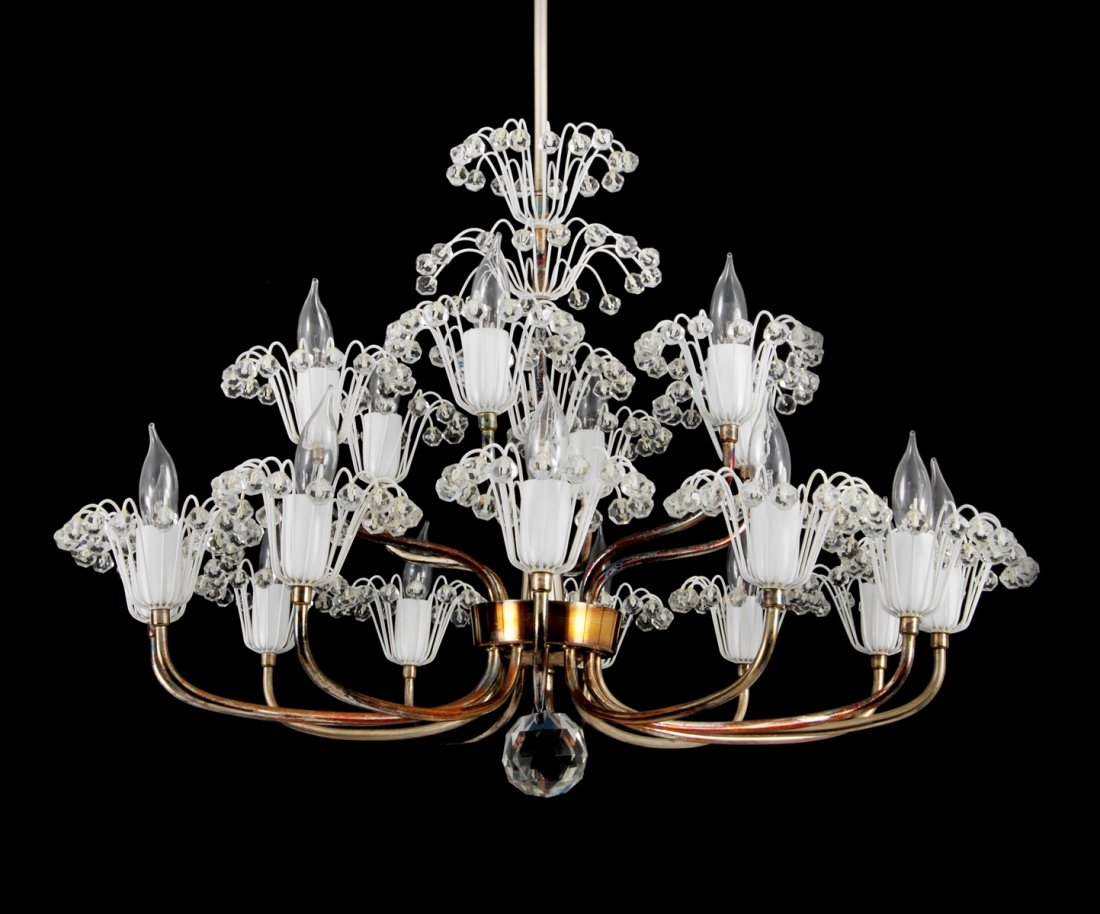 Emil Stejnar Chandelier: Designer & Manufacturer: Emil Stejnar Markings: none Country of Origin & Materials: Austria; brass, metal, glass Additional Information & Circa: Eighteen light chandelier by Emil Stejnar. (Key Word Se