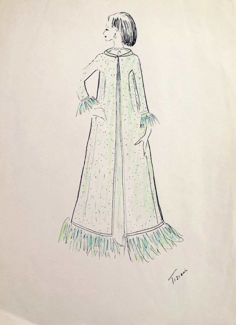 Original Fashion Drawing; Tiziani + Lagerfeld + Liz: Markings: marked Tiziani Country of Origin & Materials: paper Additional Information & Circa: Original fashion design sketch, marked Tiziani, from storage box labeled "Karl Lagerfeld"; Tiziani Archive