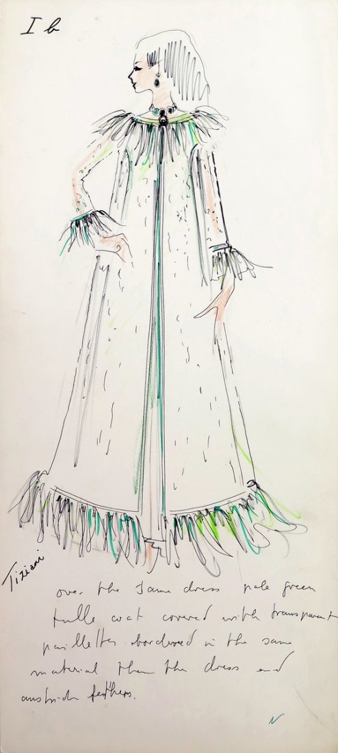 Original Fashion Drawing; Tiziani + Lagerfeld + Liz: Markings: marked Tiziani Country of Origin & Materials: card stock Additional Information & Circa: Original fashion design sketch, marked Tiziani, from storage box labeled "Karl Lagerfeld"; Tiziani Ar