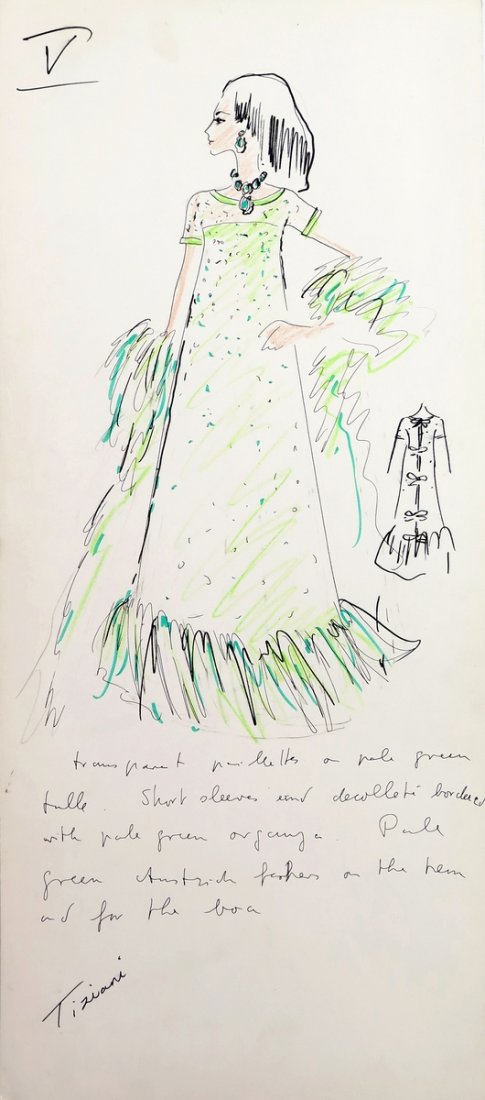 Original Fashion Drawing; Tiziani + Lagerfeld + Liz: Markings: marked Tiziani Country of Origin & Materials: card stock Additional Information & Circa: Original fashion design sketch, marked Tiziani, from storage box labeled "Karl Lagerfeld"; Tiziani Ar