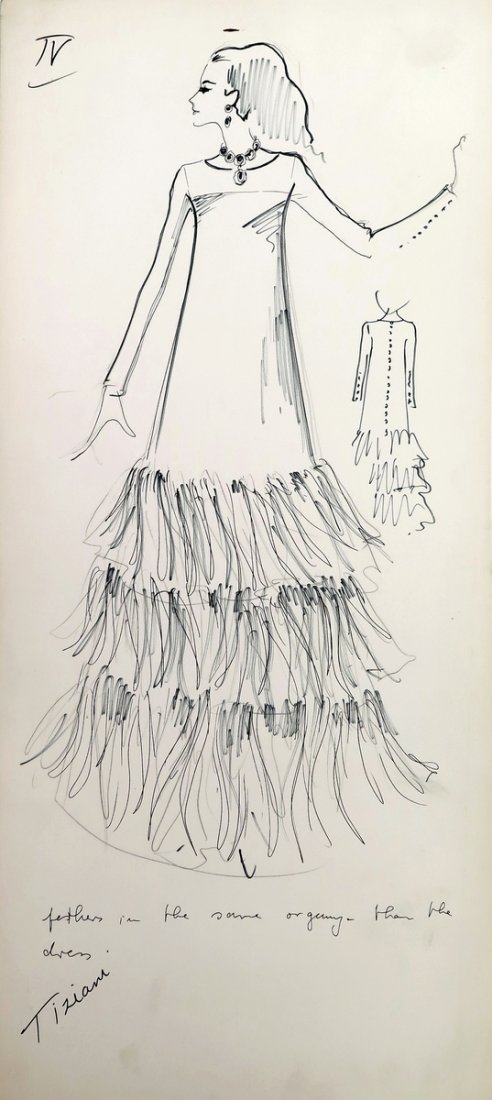 Original Fashion Drawing; Tiziani + Lagerfeld + Liz: Markings: marked Tiziani Country of Origin & Materials: card stock Additional Information & Circa: Original fashion design sketch, marked Tiziani, from storage box labeled "Karl Lagerfeld"; Tiziani Ar