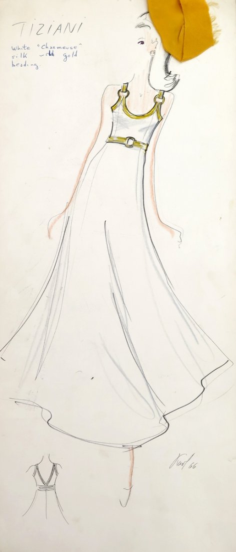 Original Fashion Drawing; Tiziani + Lagerfeld + Liz: Markings: signed by Karl Lagerfeld; marked Tiziani; dated 1966 Country of Origin & Materials: card stock, fabric sample Additional Information & Circa: Original fashion design sketch, signed by Karl L
