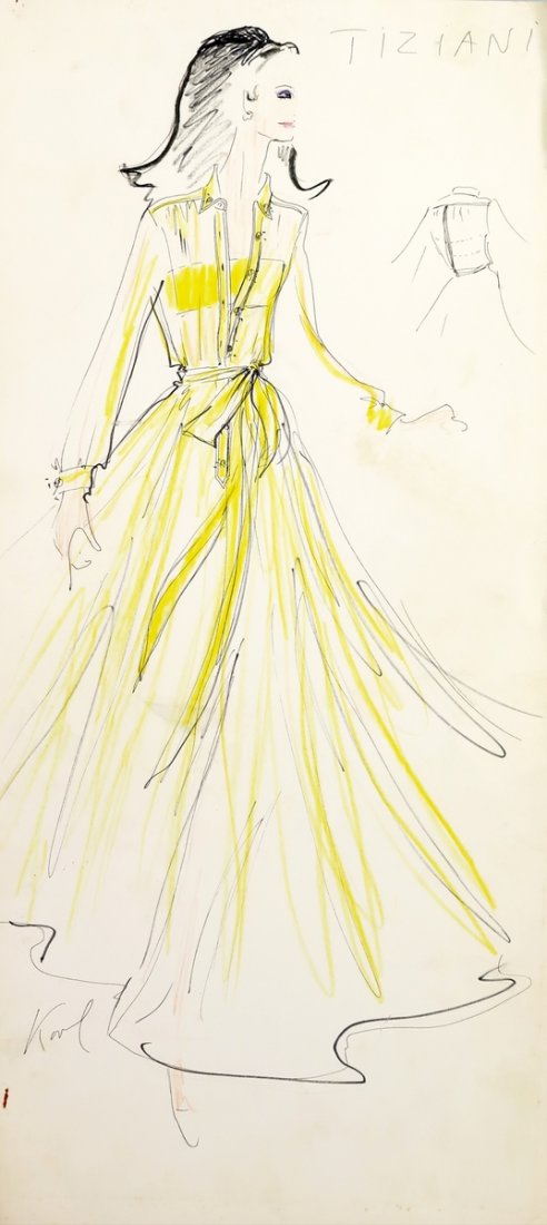 Original Fashion Drawing; Tiziani + Lagerfeld + Liz: Markings: signed by Karl Lagerfeld; marked Tiziani Country of Origin & Materials: card stock Additional Information & Circa: Original fashion design sketch signed by Karl Lagerfeld from storage box la