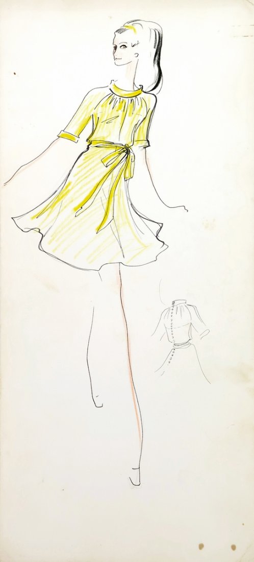 Original Fashion Drawing; Tiziani + Lagerfeld + Liz: Country of Origin & Materials: card stock Additional Information & Circa: Original fashion design sketch from storage box labeled "Karl Lagerfeld"; Tiziani Archives. Estate of Tiziani | Estate of Raf 