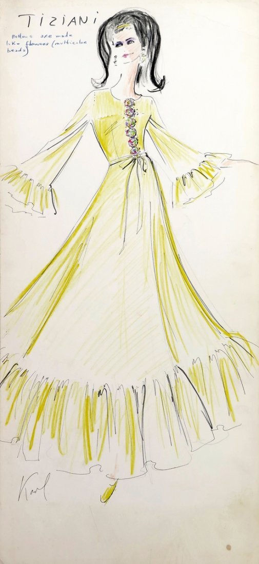 Original Fashion Drawing; Tiziani + Lagerfeld + Liz: Markings: signed by Karl Lagerfeld; marked Tiziani Country of Origin & Materials: card stock Additional Information & Circa: Original fashion design sketch signed by Karl Lagerfeld from storage box la