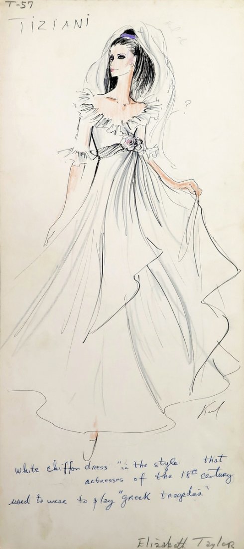 Original Fashion Drawing; Tiziani + Lagerfeld + Liz: Markings: signed by Karl Lagerfeld; marked Tiziani; Elizabeth Taylor reference Country of Origin & Materials: card stock Additional Information & Circa: Original fashion design sketch, signed by Karl 