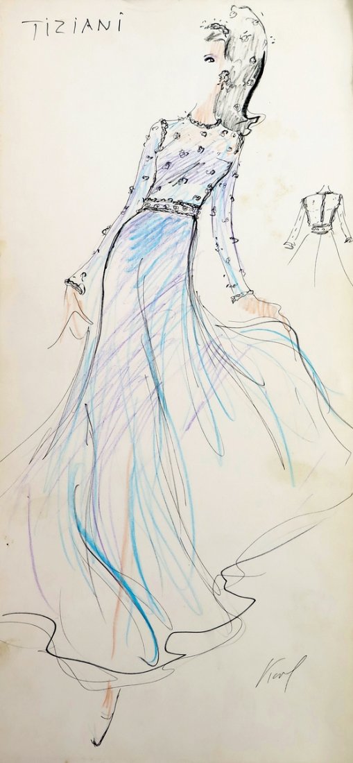 Original Fashion Drawing; Tiziani + Lagerfeld + Liz: Markings: signed by Karl Lagerfeld; marked Tiziani Country of Origin & Materials: card stock Additional Information & Circa: Original fashion design sketch, signed by Karl Lagerfeld, from storage box 