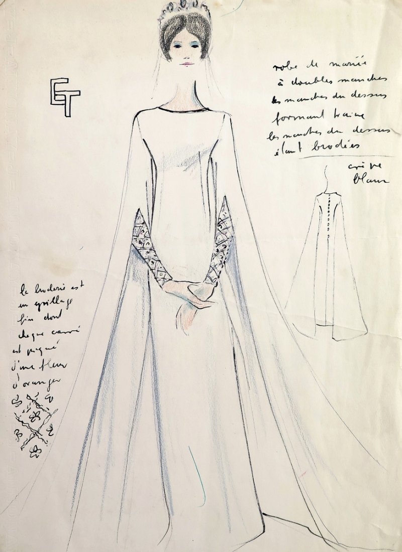 Original Fashion Drawing; Tiziani + Lagerfeld + Liz: Markings: Elizabeth Taylor reference Country of Origin & Materials: paper Additional Information & Circa: Original fashion design sketch, Elizabeth Taylor reference, from storage box labeled "Karl Lag