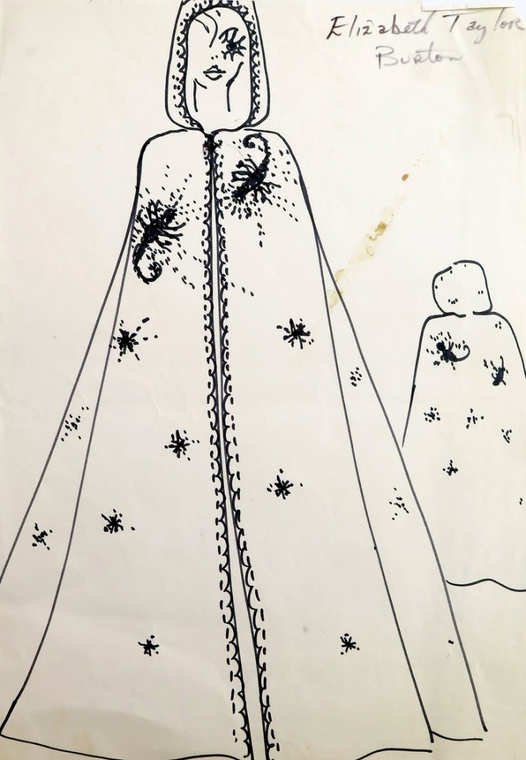 Original Fashion Drawing; Tiziani + Lagerfeld + Liz: Markings: Elizabeth Taylor reference Country of Origin & Materials: paper Additional Information & Circa: Original fashion design sketch, Elizabeth Taylor reference, from storage box labeled "Karl Lag