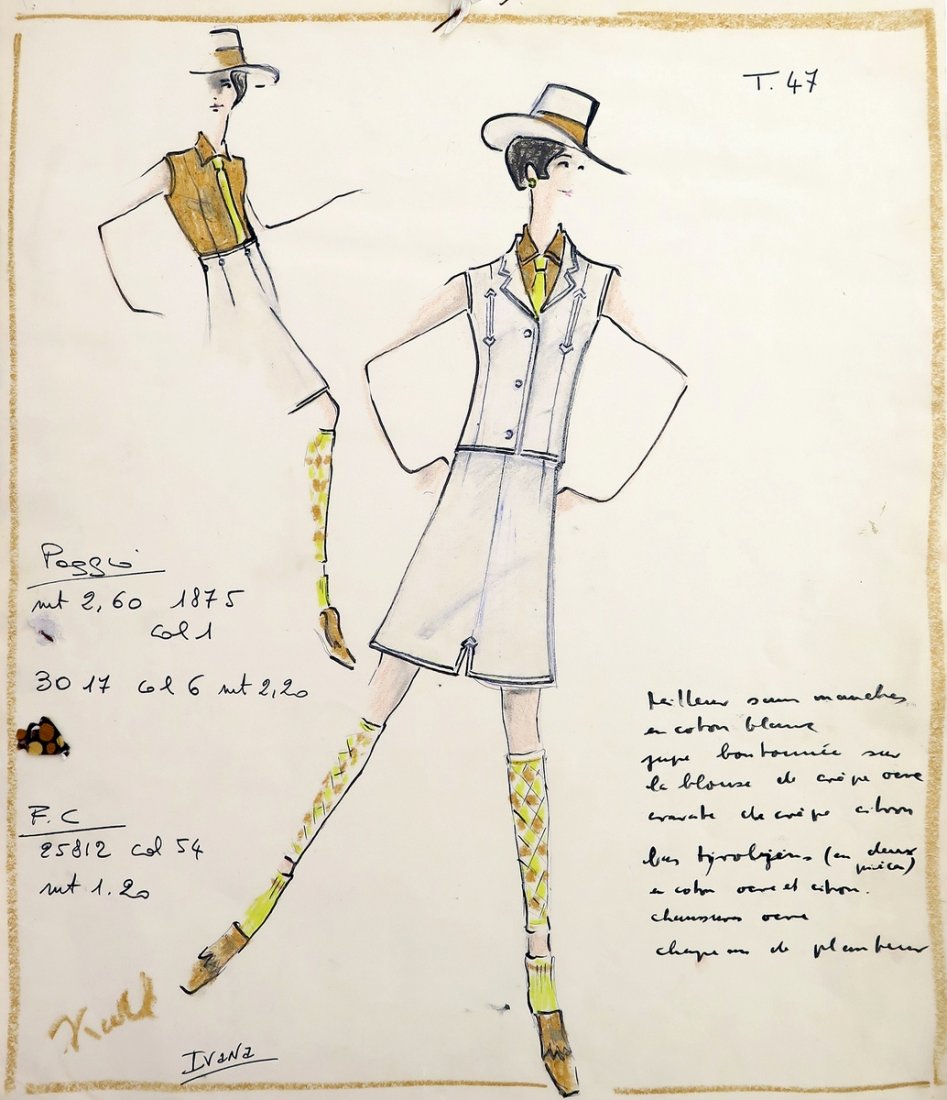 Original Fashion Drawing; Tiziani + Lagerfeld + Liz: Markings: signed by Karl Lagerfeld Country of Origin & Materials: paper, fabric sample Additional Information & Circa: Original fashion design sketch, signed by Karl Lagerfeld, from storage box labele