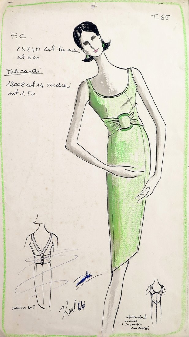 Original Fashion Drawing; Tiziani + Lagerfeld + Liz: Markings: signed by Karl Lagerfeld; dated 1966 Country of Origin & Materials: paper Additional Information & Circa: Original fashion design sketch, signed by Karl Lagerfeld, from storage box labeled "