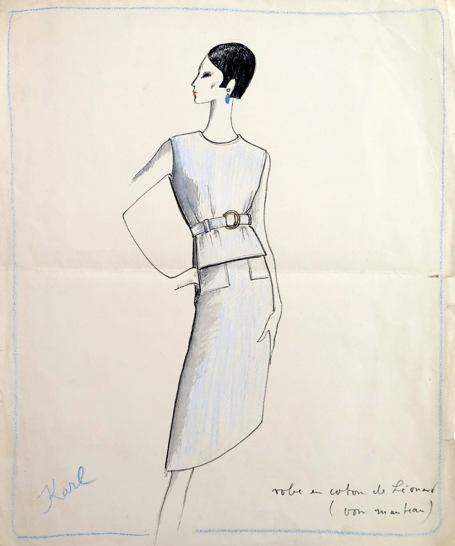 Original Fashion Drawing; Tiziani + Lagerfeld + Liz: Markings: signed by Karl Lagerfeld Country of Origin & Materials: paper Additional Information & Circa: Original fashion design sketch, signed by Karl Lagerfeld, from storage box labeled "Karl Lagerfe