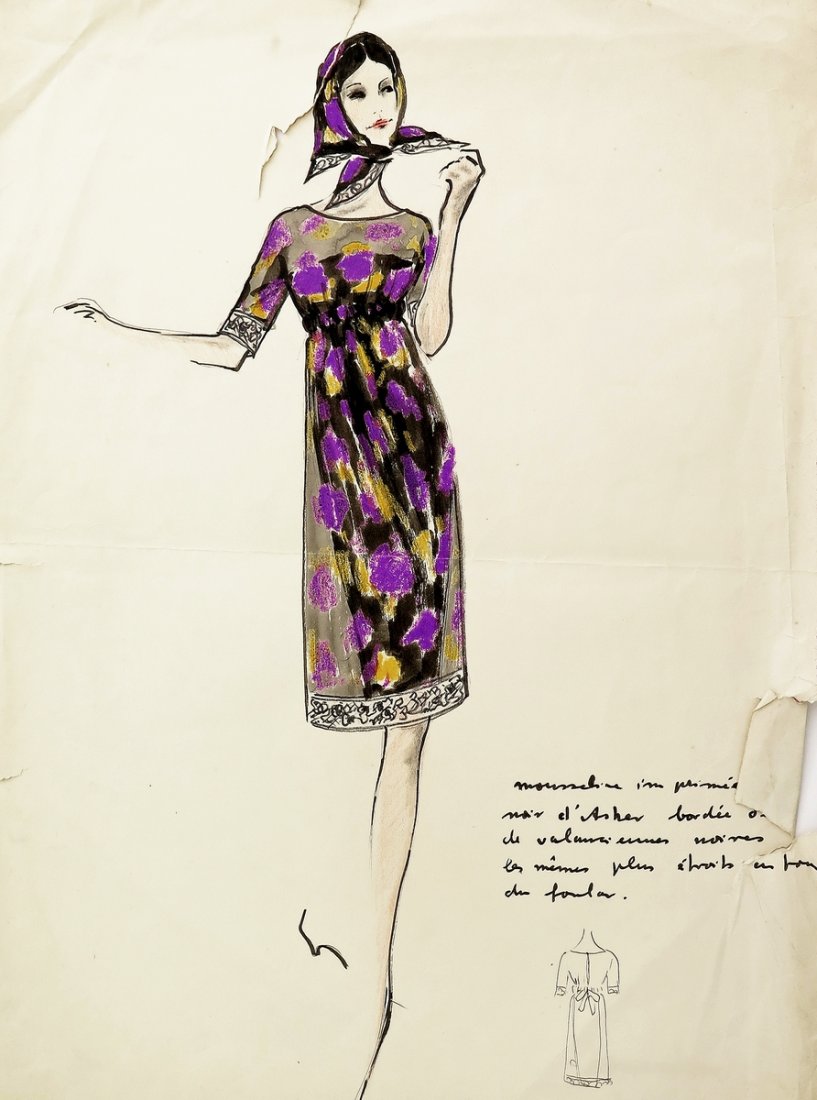 Original Fashion Drawing; Tiziani + Lagerfeld + Liz: Country of Origin & Materials: paper Additional Information & Circa: Original fashion design sketch from storage box labeled "Karl Lagerfeld"; Tiziani Archives. Estate of Tiziani | Estate of Raf Ravai