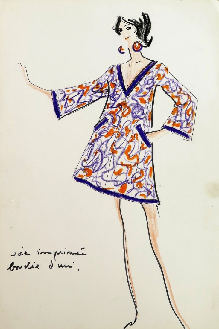 Original Fashion Drawing; Tiziani + Lagerfeld + Liz: Country of Origin & Materials: card stock Additional Information & Circa: Original fashion design sketch, from storage box labeled "Karl Lagerfeld"; Tiziani Archives. Estate of Tiziani | Estate of Raf
