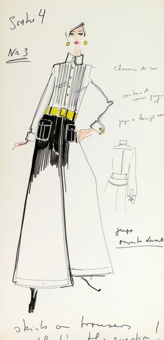 Original Fashion Drawing; Tiziani + Lagerfeld + Liz: Country of Origin & Materials: card stock Additional Information & Circa: Original fashion design sketch, from storage box labeled "Karl Lagerfeld"; Tiziani Archives. Estate of Tiziani | Estate of Raf