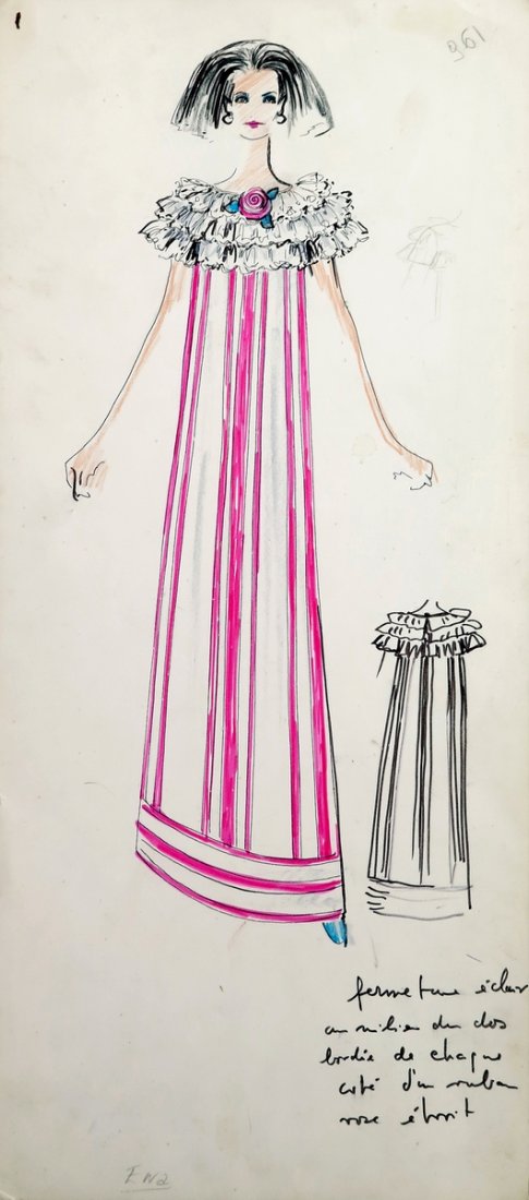 Original Fashion Drawing; Tiziani + Lagerfeld + Liz: Country of Origin & Materials: card stock Additional Information & Circa: Original fashion design sketch from storage box labeled "Karl Lagerfeld"; Tiziani Archives. Estate of Tiziani | Estate of Raf 