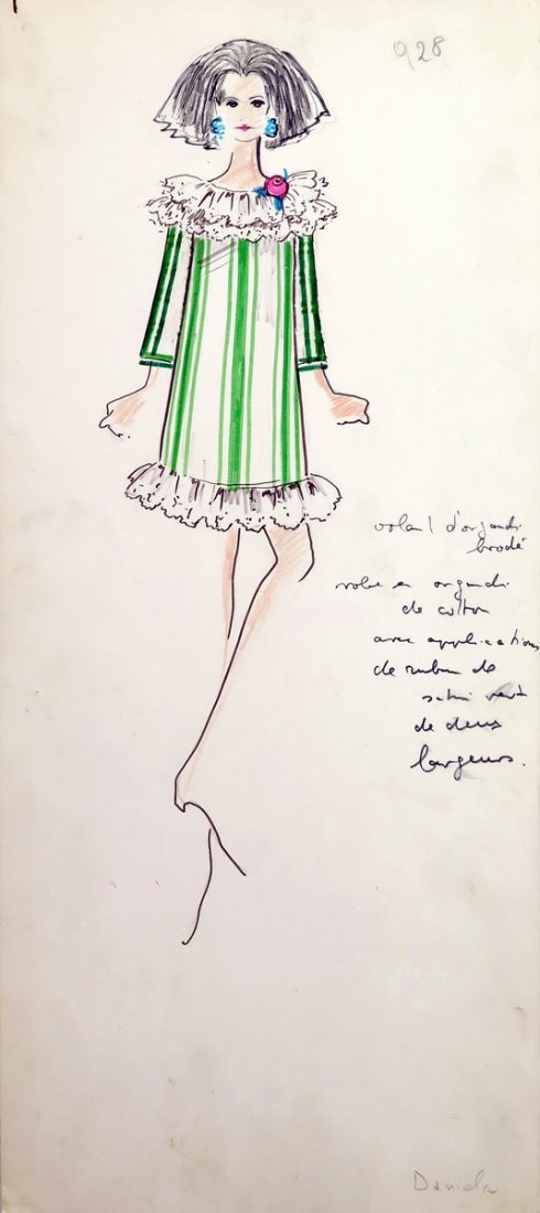 Original Fashion Drawing; Tiziani + Lagerfeld + Liz: Country of Origin & Materials: card stock, fabric sample Additional Information & Circa: Original fashion design sketch from storage box labeled "Karl Lagerfeld"; Tiziani Archives. Estate of Tiziani |