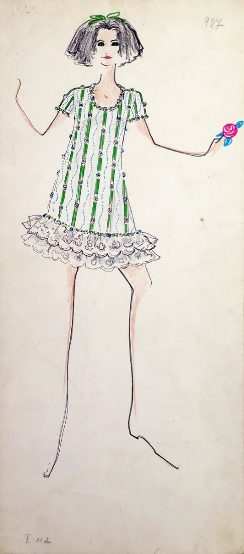 Original Fashion Drawing; Tiziani + Lagerfeld + Liz: Country of Origin & Materials: card stock, fabric sample Additional Information & Circa: Original fashion design sketch from storage box labeled "Karl Lagerfeld"; Tiziani Archives. Estate of Tiziani |