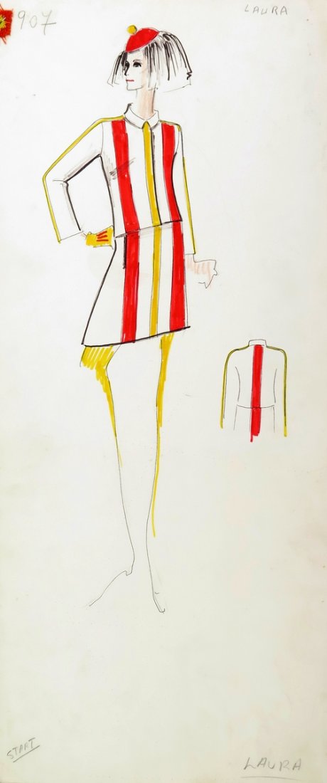 Original Fashion Drawing; Tiziani + Lagerfeld + Liz: Country of Origin & Materials: card stock, fabric sample Additional Information & Circa: Original fashion design sketch from storage box labeled "Karl Lagerfeld"; Tiziani Archives. Estate of Tiziani |