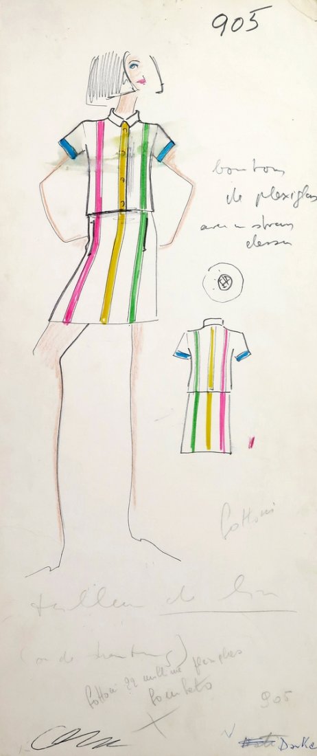 Original Fashion Drawing; Tiziani + Lagerfeld + Liz: Country of Origin & Materials: card stock Additional Information & Circa: Original fashion design sketch from storage box labeled "Karl Lagerfeld"; Tiziani Archives. Estate of Tiziani | Estate of Raf 