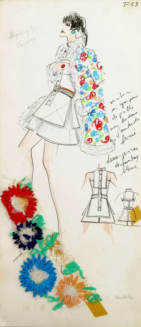 Original Fashion Drawing; Tiziani + Lagerfeld + Liz: Country of Origin & Materials: card stock, fabric sample Additional Information & Circa: Original fashion design sketch from storage box labeled "Karl Lagerfeld"; Tiziani Archives. Estate of Tiziani |