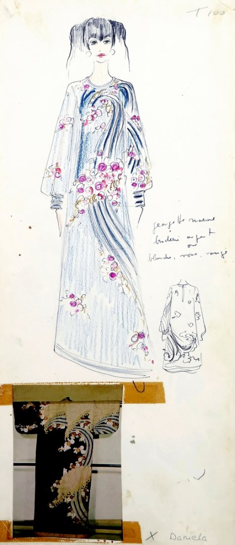 Original Fashion Drawing; Tiziani + Lagerfeld + Liz: Country of Origin & Materials: card stock, magazine attachment Additional Information & Circa: Original fashion design sketch from storage box labeled "Karl Lagerfeld"; Tiziani Archives. Estate of Tiz
