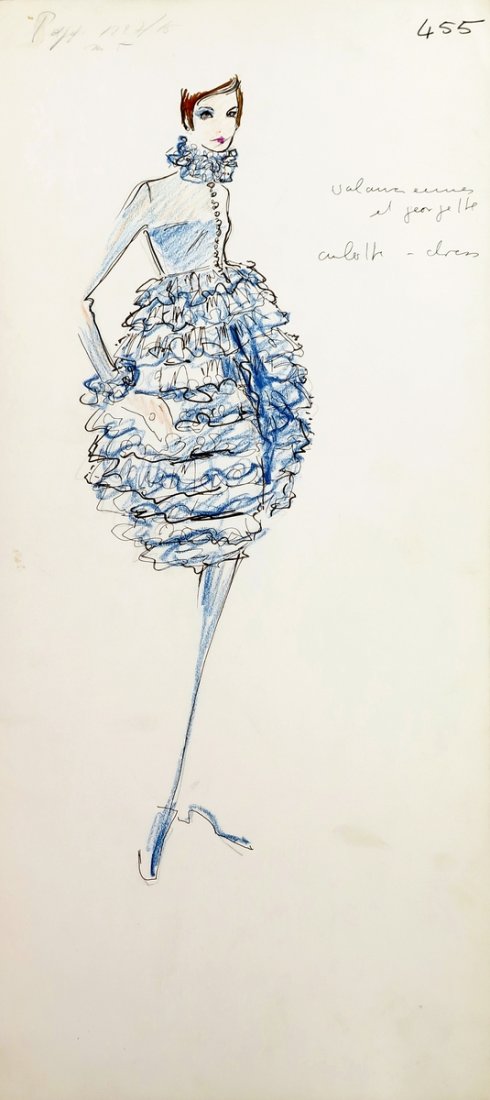 Original Fashion Drawing; Tiziani + Lagerfeld + Liz: Country of Origin & Materials: card stock Additional Information & Circa: Original fashion design sketch from storage box labeled "Karl Lagerfeld"; Tiziani Archives. Estate of Tiziani | Estate of Raf 
