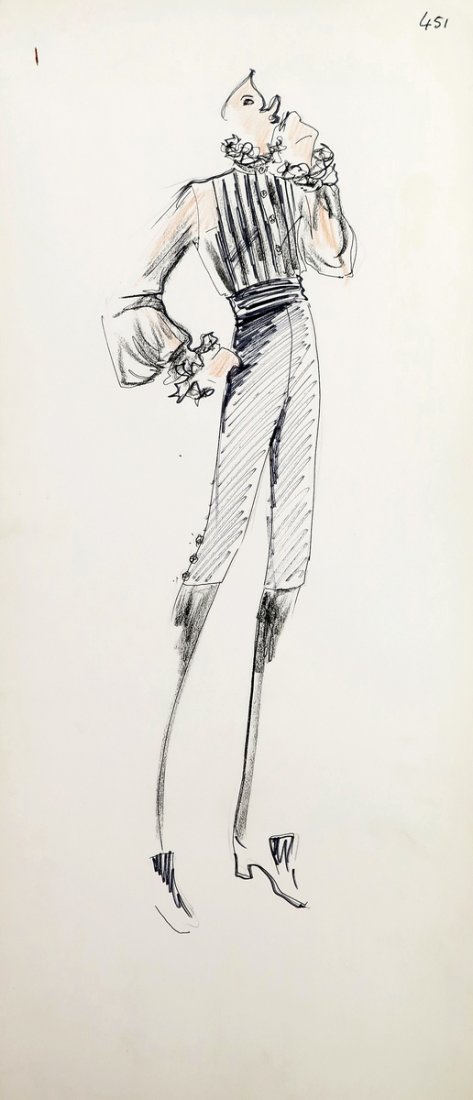 Original Fashion Drawing; Tiziani + Lagerfeld + Liz: Country of Origin & Materials: card stock Additional Information & Circa: Original fashion design sketch from storage box labeled "Karl Lagerfeld"; Tiziani Archives. Estate of Tiziani | Estate of Raf 
