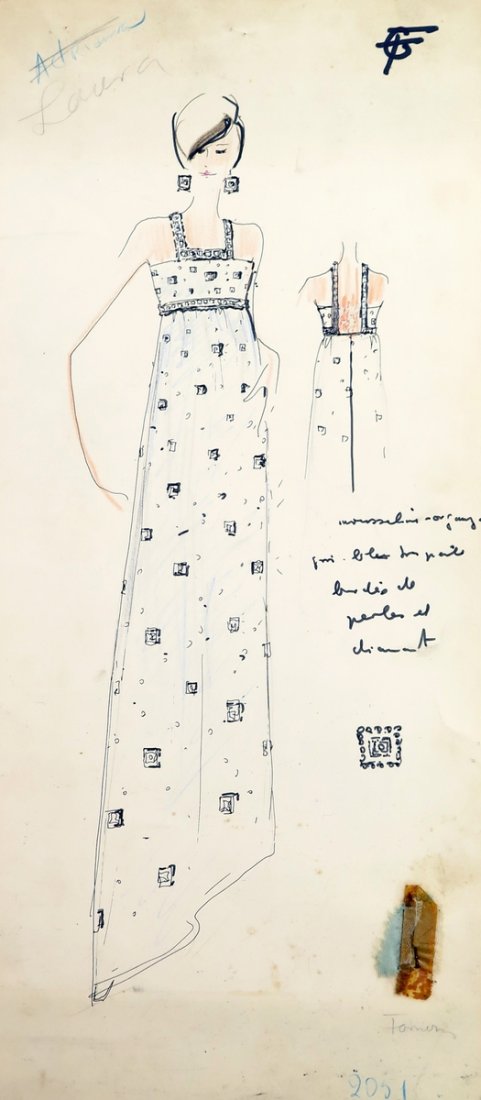 Original Fashion Drawing; Tiziani + Lagerfeld + Liz: Country of Origin & Materials: card stock, fabric sample Additional Information & Circa: Original fashion design sketch from storage box labeled "Karl Lagerfeld"; Tiziani Archives. Estate of Tiziani |