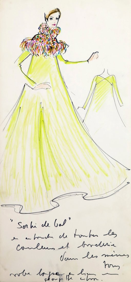 Original Fashion Drawing; Tiziani + Lagerfeld + Liz: Country of Origin & Materials: card stock Additional Information & Circa: Original fashion design sketch from storage box labeled "Karl Lagerfeld"; Tiziani Archives. Estate of Tiziani | Estate of Raf 