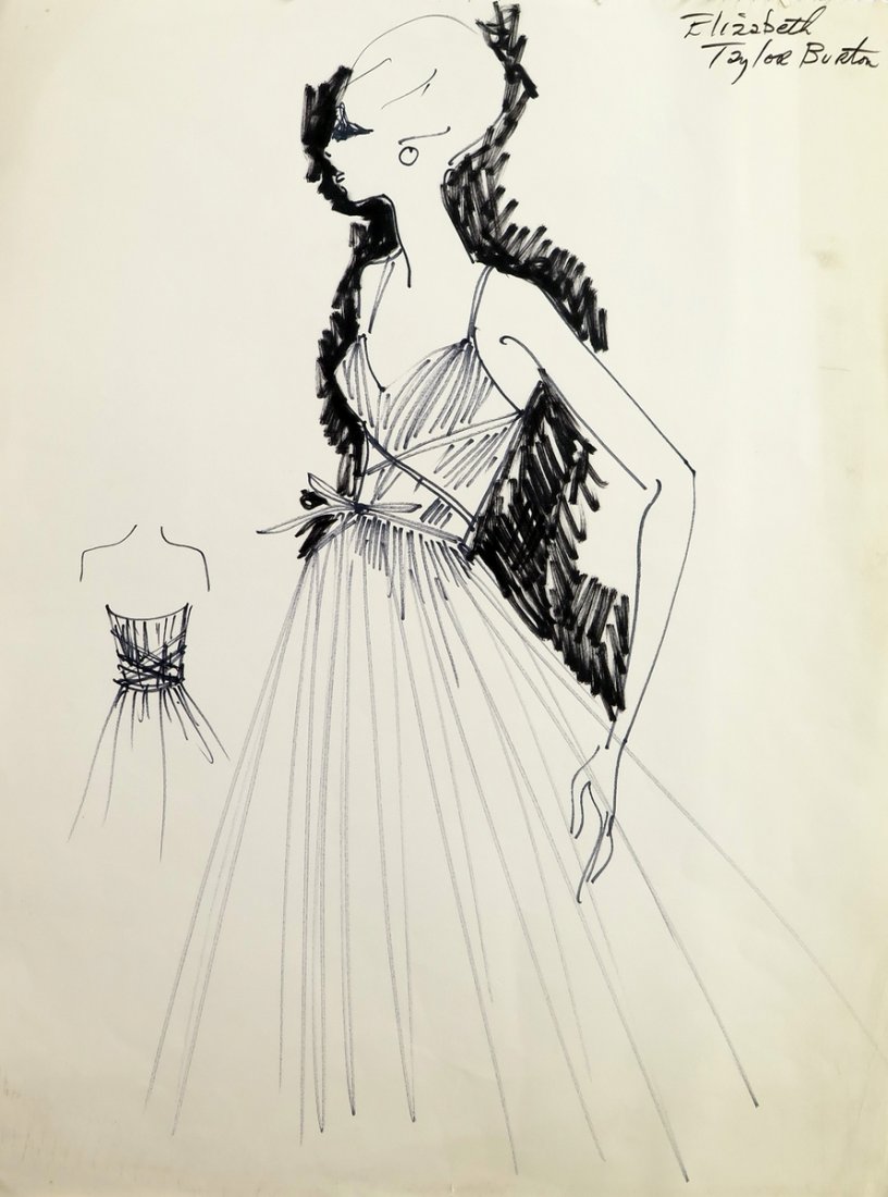 Original Fashion Drawing; Tiziani + Lagerfeld + Liz: Markings: Elizabeth Taylor reference Country of Origin & Materials: paper Additional Information & Circa: Original fashion design sketch, Elizabeth Taylor reference, from storage box labeled "Karl Lag