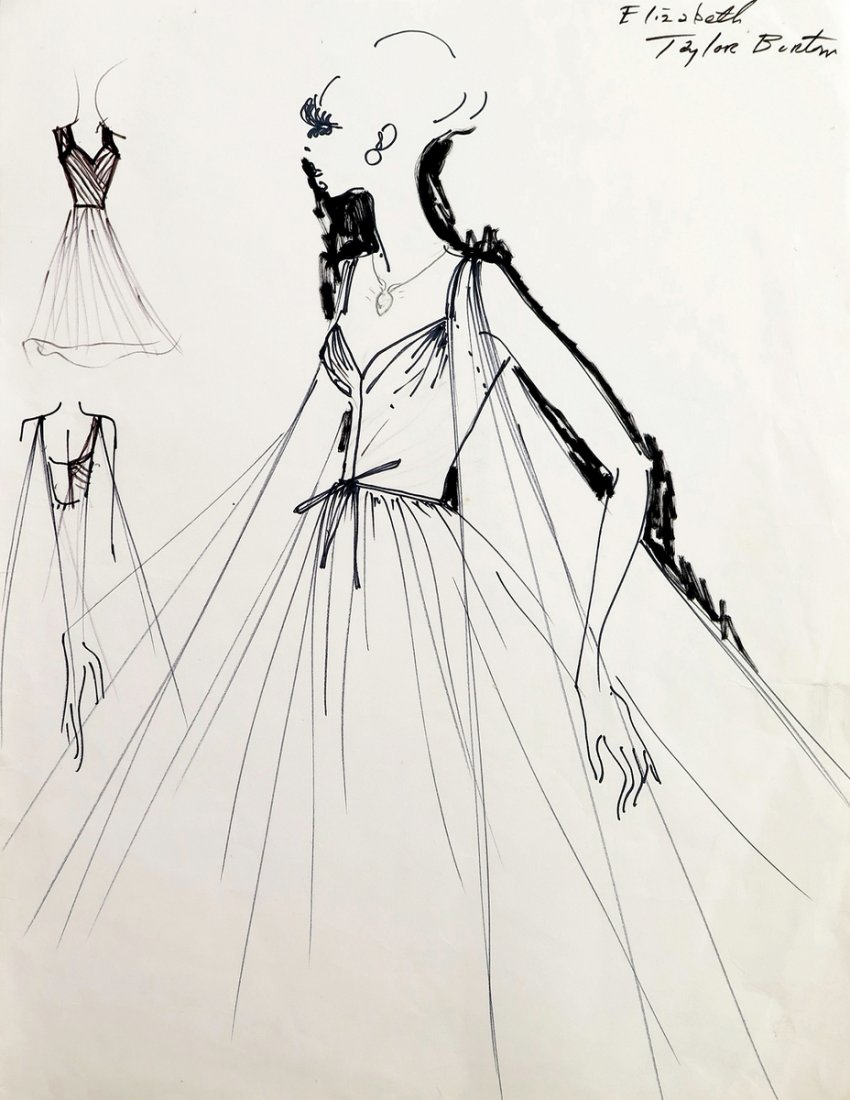 Original Fashion Drawing; Tiziani + Lagerfeld + Liz: Markings: Elizabeth Taylor reference Country of Origin & Materials: paper Additional Information & Circa: Original fashion design sketch, Elizabeth Taylor reference, from storage box labeled "Karl Lag