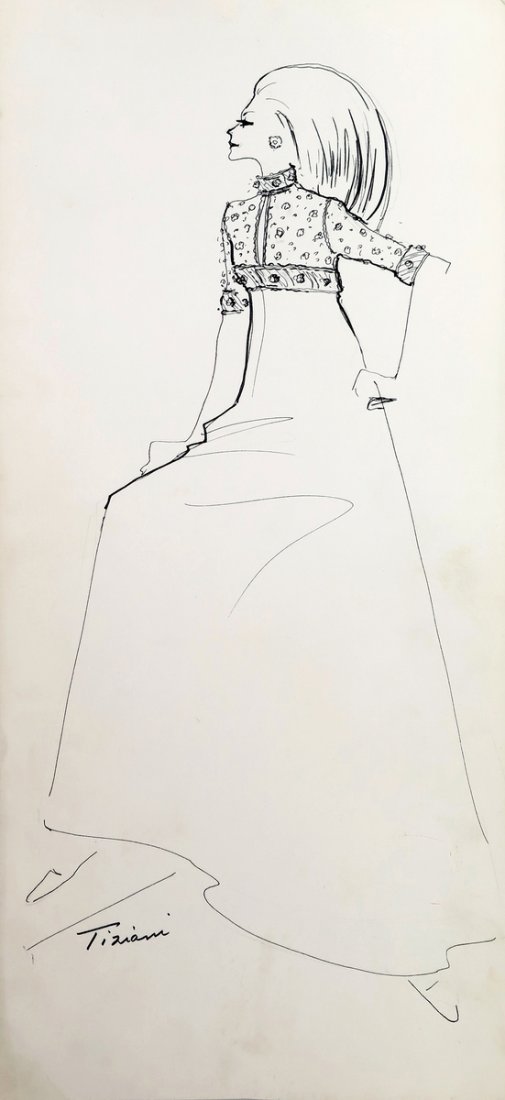 Original Fashion Drawing; Tiziani + Lagerfeld + Liz: Markings: marked Tiziani Country of Origin & Materials: card stock Additional Information & Circa: Original fashion design sketch, marked Tiziani, from storage box labeled "Karl Lagerfeld"; Tiziani Ar