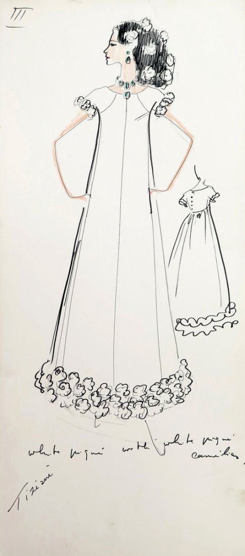 Original Fashion Drawing; Tiziani + Lagerfeld + Liz: Markings: marked Tiziani Country of Origin & Materials: card stock Additional Information & Circa: Original fashion design sketch, marked Tiziani, from storage box labeled "Karl Lagerfeld"; Tiziani Ar