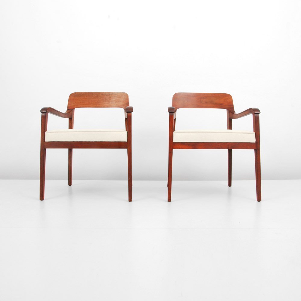 Pair of Edward Wormley "Riemerschmid" Arm Chairs: Designer & Manufacturer: Edward Wormley; Dunbar Markings: marked Country of Origin & Materials: USA; wood, upholstery Additional Information & Circa: Pair of "Riemerschmid" arm chairs by Edward Wormle