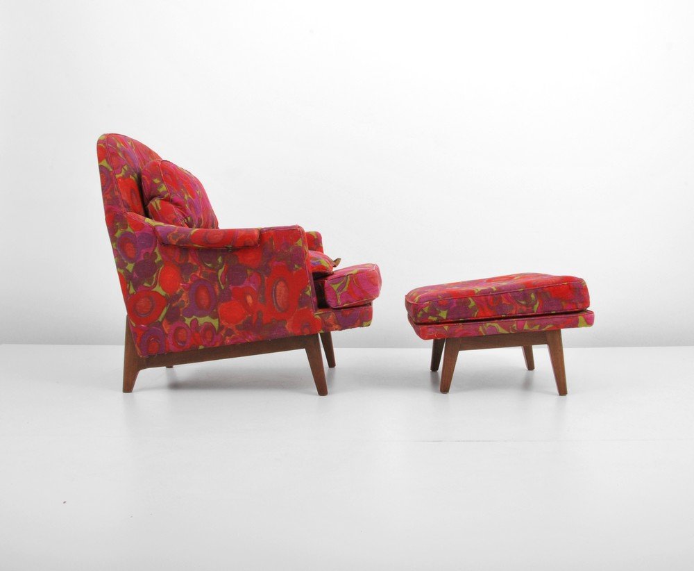 Edward Wormley Chair & Ottoman, Jack Lenor Larsen: Designer & Manufacturer: Edward Wormley; Dunbar Markings: marked Country of Origin & Materials: USA; wood, upholstery Additional Information & Circa: Lounge chair and ottoman upholstered in Jack Lenor
