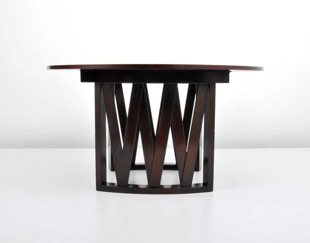 Paul Frankl Dining Table: Designer & Manufacturer: Paul Frankl; Johnson Furniture Co. Markings: marked Country of Origin & Materials: USA; mahogany Additional Information & Circa: Mahogany dining table with one 15" leaf by Pau