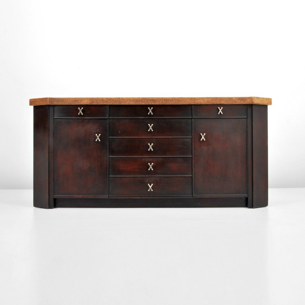Paul Frankl Cabinet: Designer & Manufacturer: Paul Frankl; Johnson Furniture Co. Markings: marked Country of Origin & Materials: USA; wood, cork, metal Additional Information & Circa: Cabinet with cork top, "X" form handl